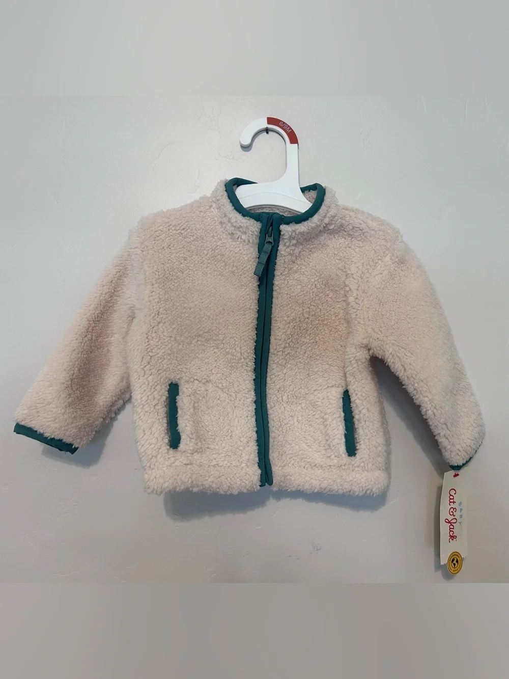 Cat & Jack Baby 6-9 Months Cream Sherpa Jacket with Teal Trim